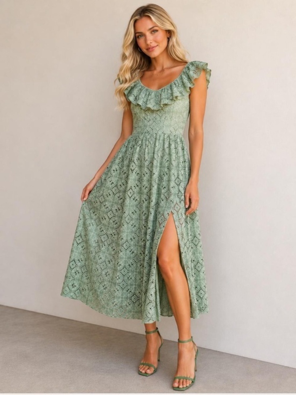 NWT ASOS Design Sage Green Lace Ruffle Maxi Dress Size 12 Cottagecore